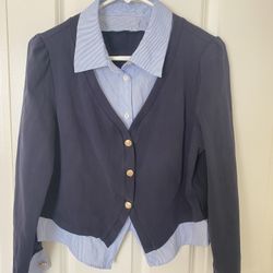 Women Navy Two in One Piece Blazer Blouse Shirt Size M