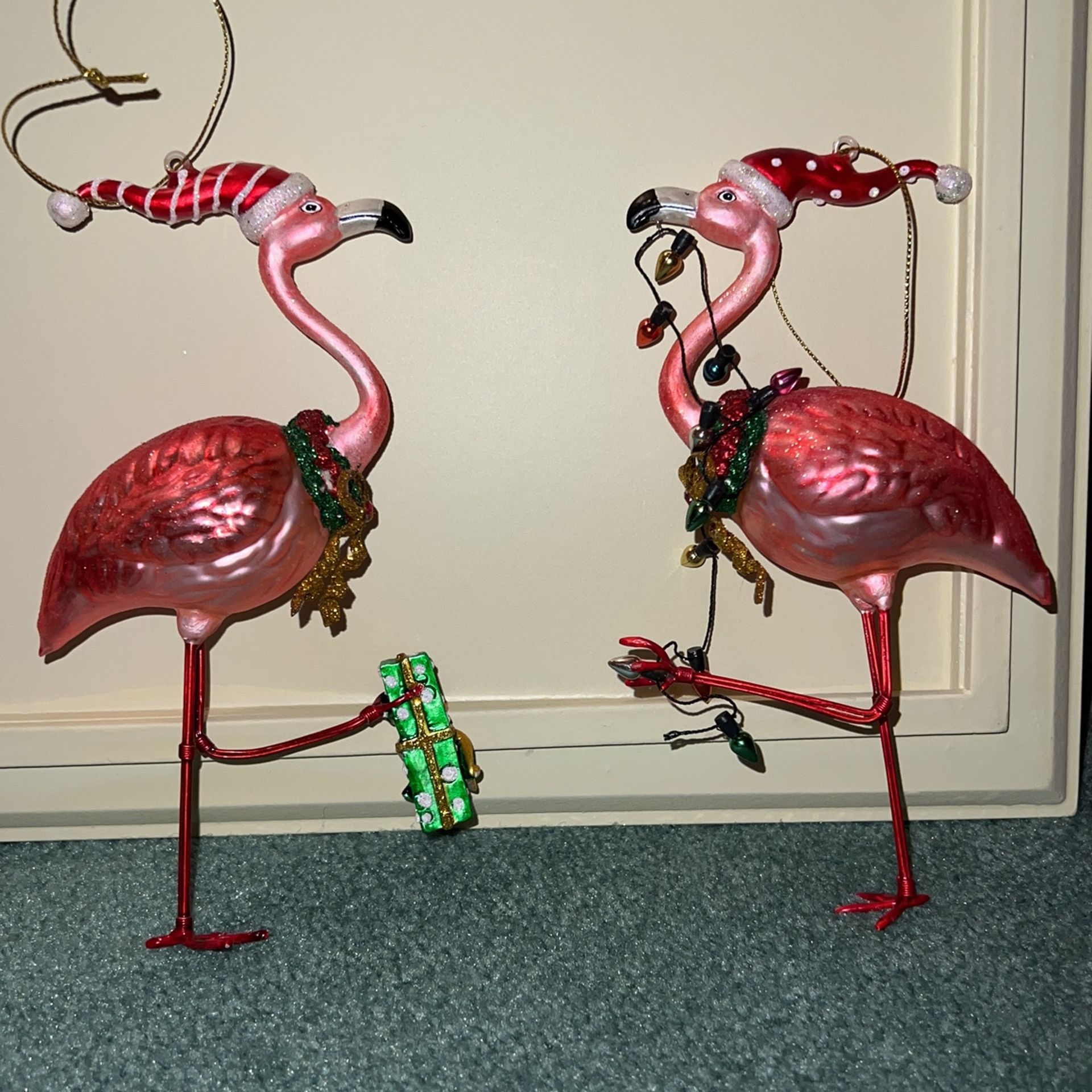 Set Of 2 Festive Flamingo Ornaments