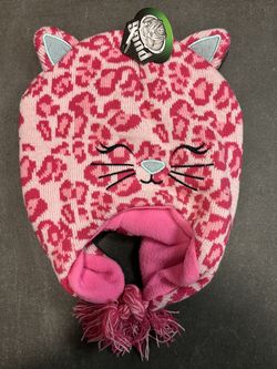 Pugs Pink Leopard Cat Face Knit Hat Tassel NWT