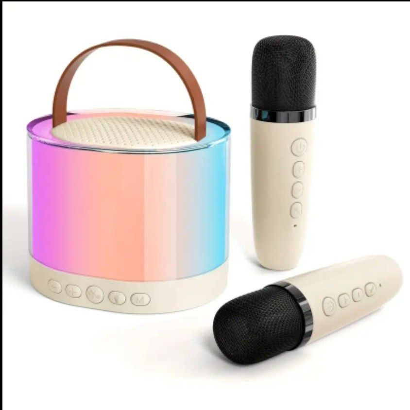 Mini Compact Karaoke System With 2 Wireless Microphones - Beige