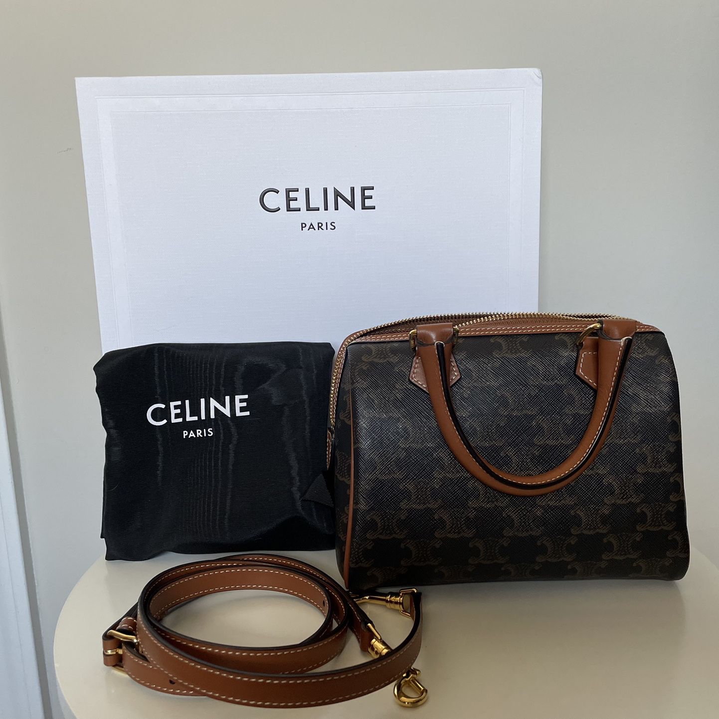 Celine Boston Bag Triomphe Tan in Coated Canvas with Gold-tone - US