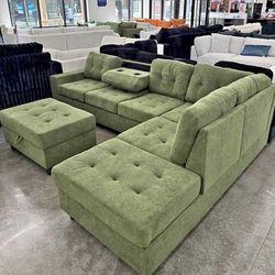 Olive Water Resistant Fabric Reversible Sectional with Cup Holder and Storage Ottoman . Brand New