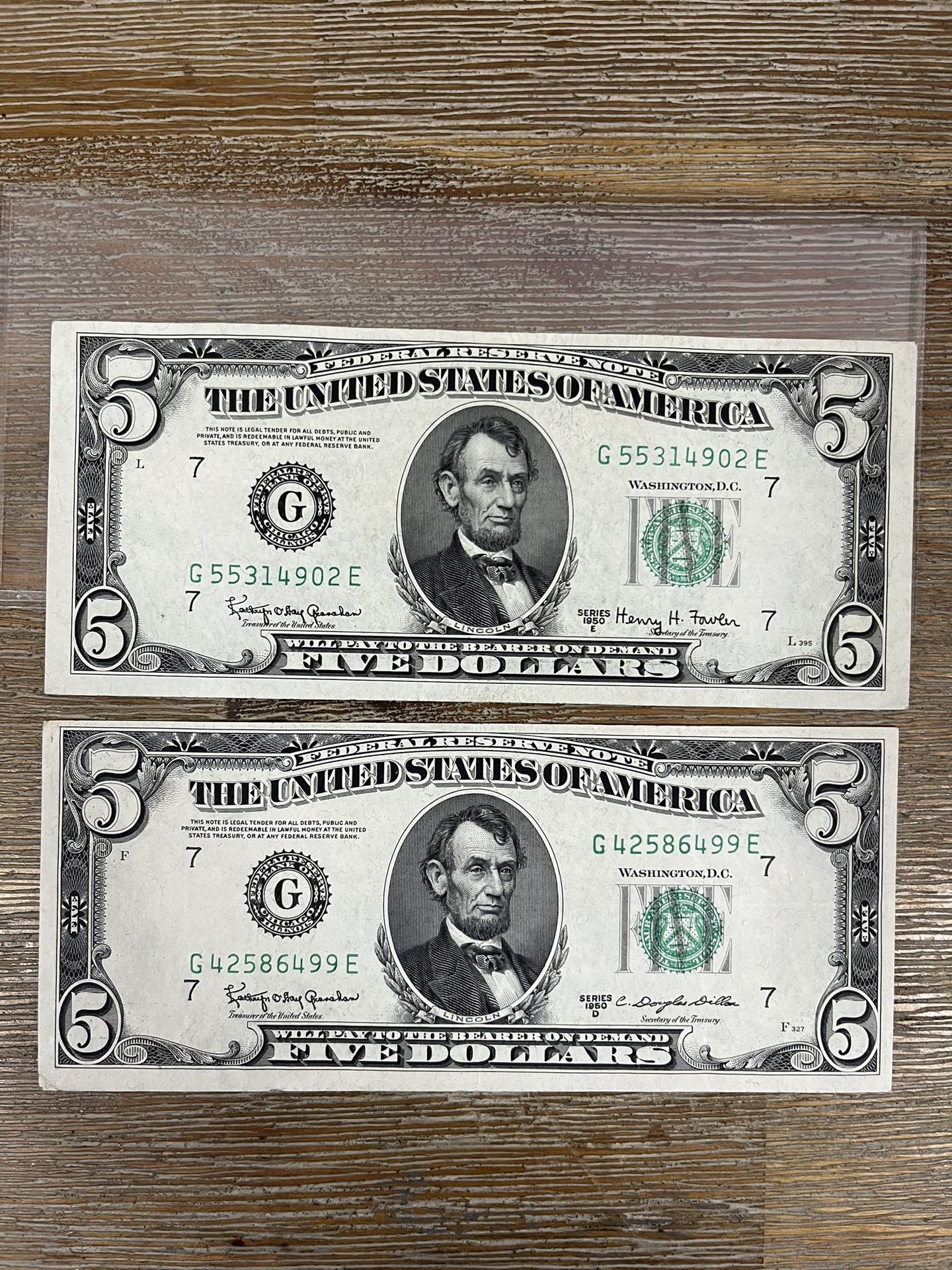2x $5 Old Bill Green Seal Series 1950 E And D