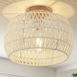 Boho Ceiling Light Fixtures Cream White Rattan Chandelier Light Small Rattan Flush Mount Ceiling Light Hand-Woven Chandelier for Nursery Light Fixture