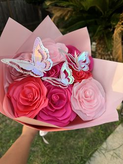 8 Mixed Colors Pink Ribbon  Rose Bouquet With Butterflies 