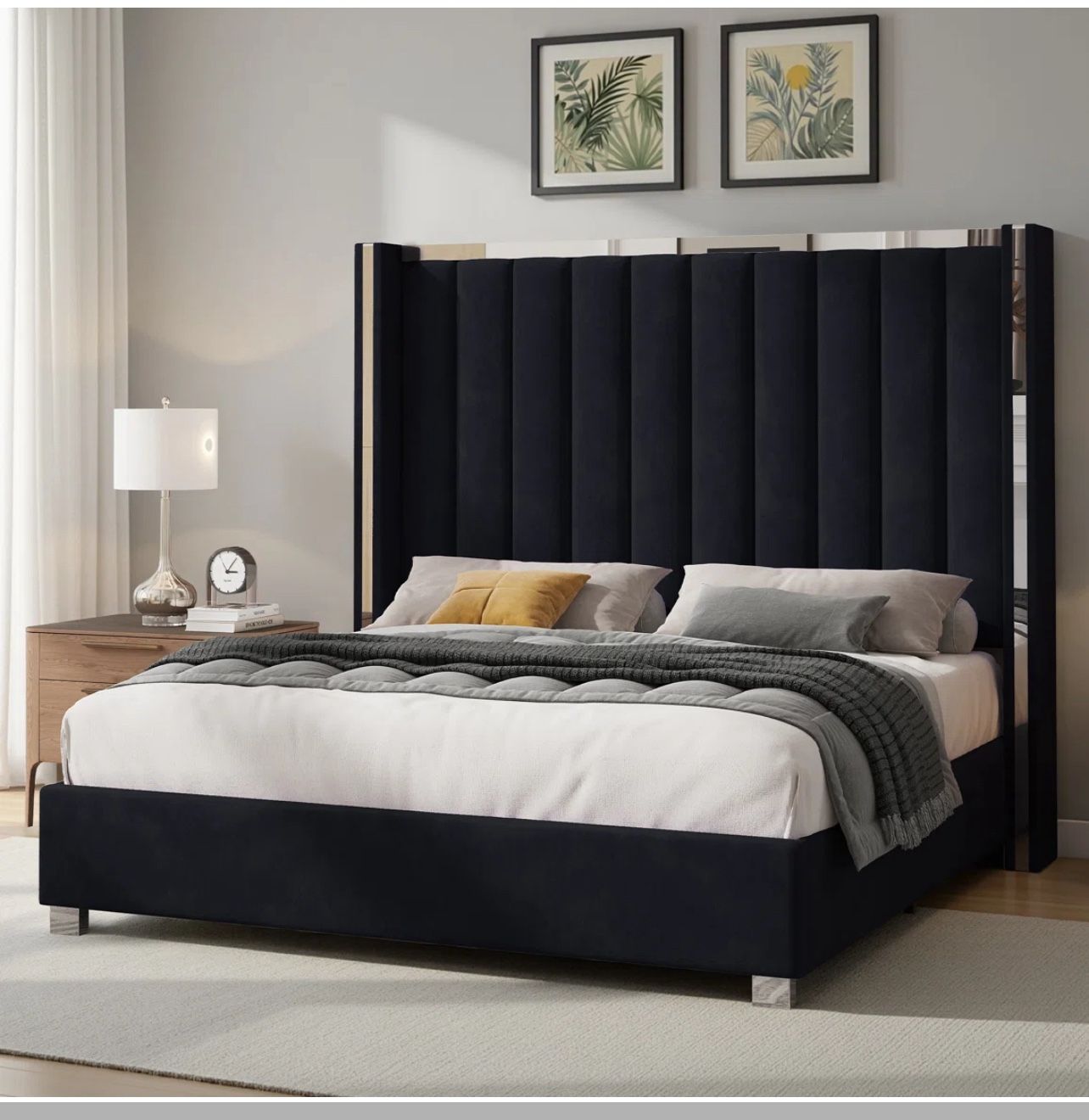 Gerasim Bed Frame with 58" Tall Headboard, Velvet Upholstered Platform Bed
