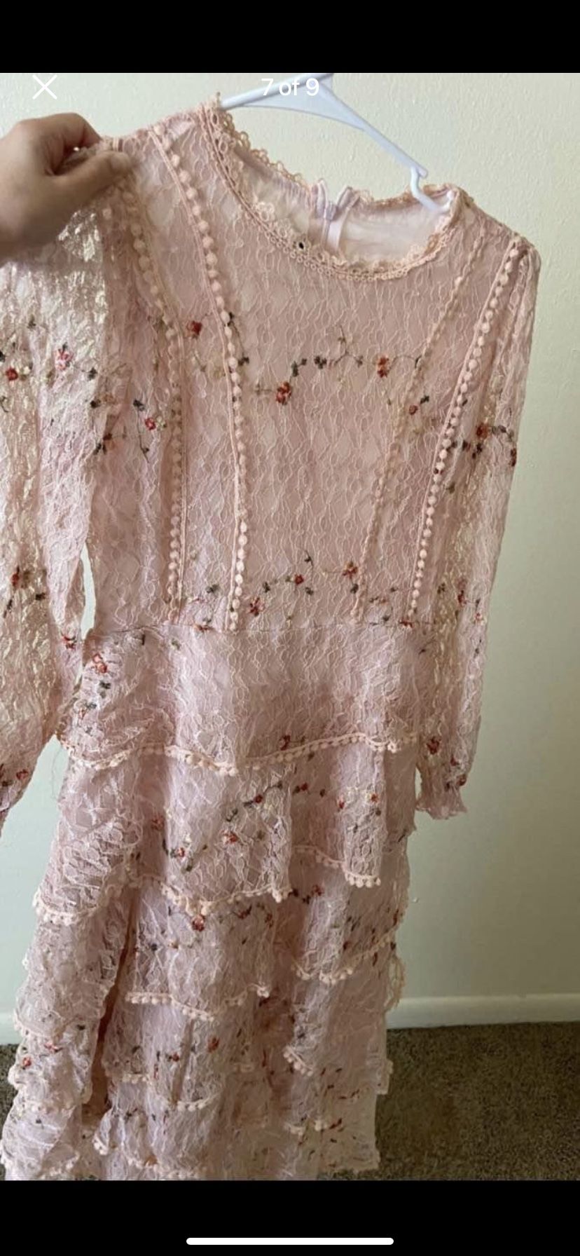 Vintage Layer Ruffles Lace Maxi Dress Runway Summer Women Floral Embroidery Long Dress Hollow Out Cake Party Dress pink long sleeve Size: M Multiple