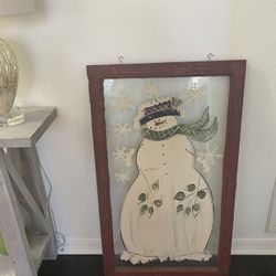 Large Snowman Framed And Hand painted 