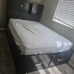 Modern Dark Wood Storage Bed w/ Mattress – Great Condition