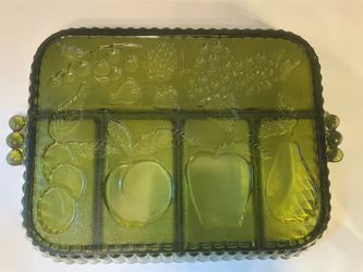 Vintage Olive Green Divided Glass Relish Tray with Fruit Pattern & Handles