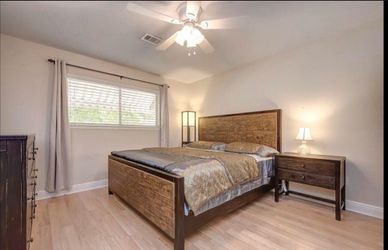 King size bed plus side table plus dresser plus side lamppost plus mattress