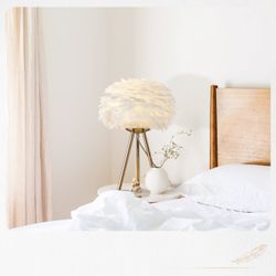 Feather Table Lamp Elegant Gold Bedside Desk Night Lamp