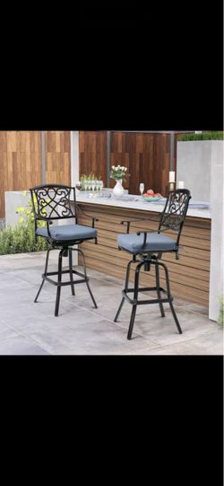 Swivel Cast Aluminum Outdoor Bar Stool Patio Bar Height Chairs with Sunbrella Spectrum Denim Cushion (2-Pack)