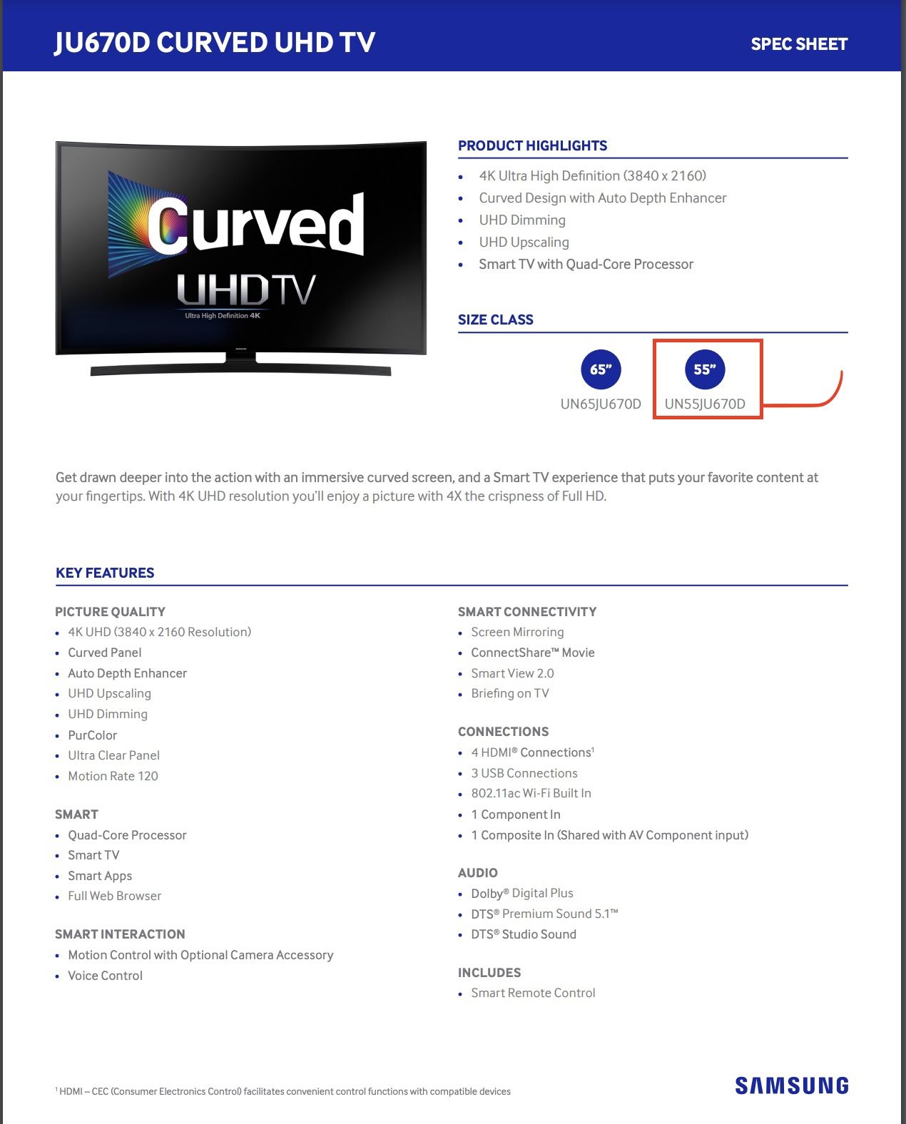 55” 4K Curved TV  - UN55JU670D (2015 Model)