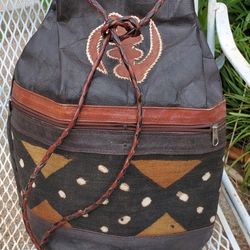 Handcrafted  Leather  Backpack Purse * Vintage Handmade Wool * Southwest
