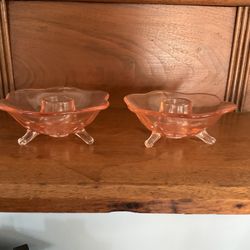 Pair Of Vintage Fostoria Pink Depression Tri- Footed Candle Holders 1930’s