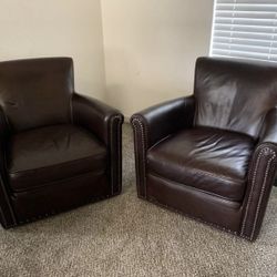 Pottery Barn Irving Roll Arm Swivel Chair Top Grain Leather