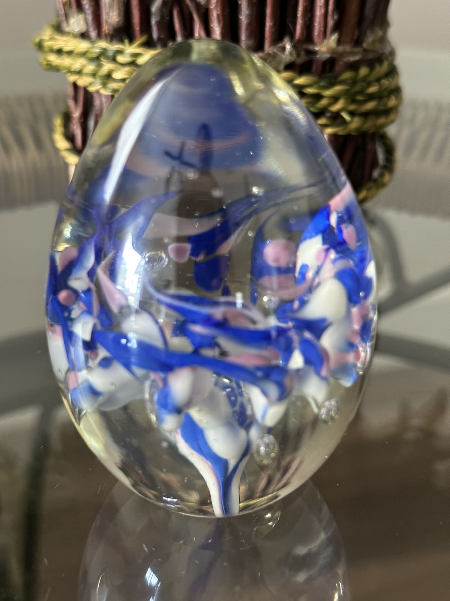 Art Glass Hand blown Oval Blue,Mauve & White Freeform Flower Design Vintage Paperweight. Such a cool design that resembles an exotic Flower! Egg shape