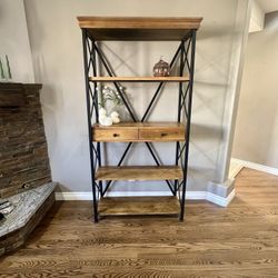 Pier 1 Bookcase | Solid Wood & Metal | 4 Shelves + Drawers