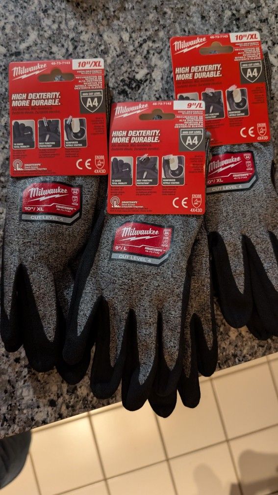3 Pairs - Brand New Milwaukee Cut Level 4 Gloves (L & XL)