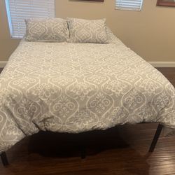 REDUCED- Excellent Condition Memory Foam Queen Mattress, Frame Plus Baseboard In Sturdy Iron And Portable. 