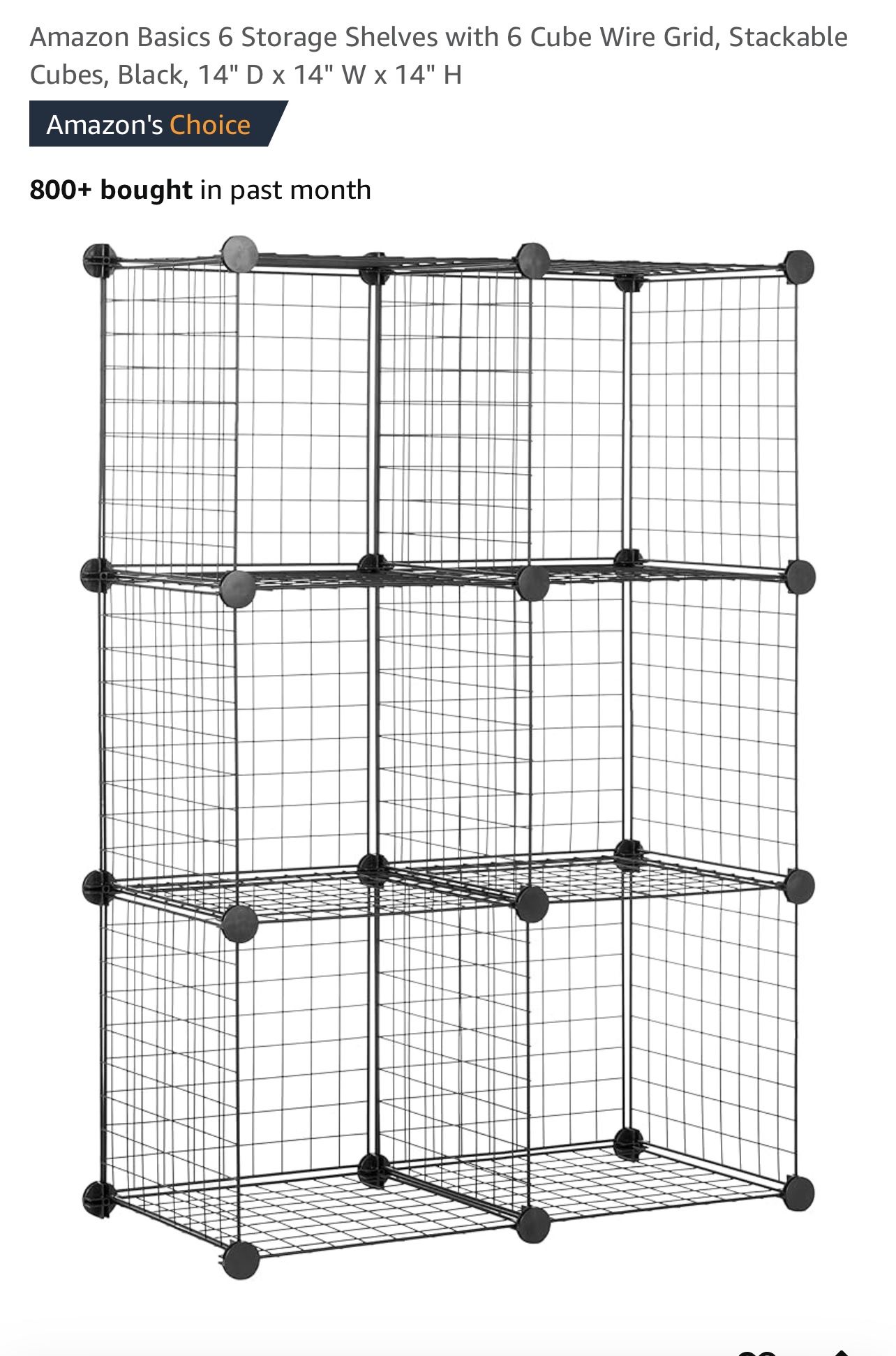 Amazon Basics 6 Storage Shelves with 6 Cube Wire Grid, Stackable Cubes, Black, 14" D x 14" W x 14" H