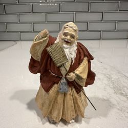 Antique Japanese Clay Doll Of Old Man Holding A Broom 4”