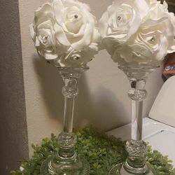 Glass Candle Holders With  White Rose Decor 