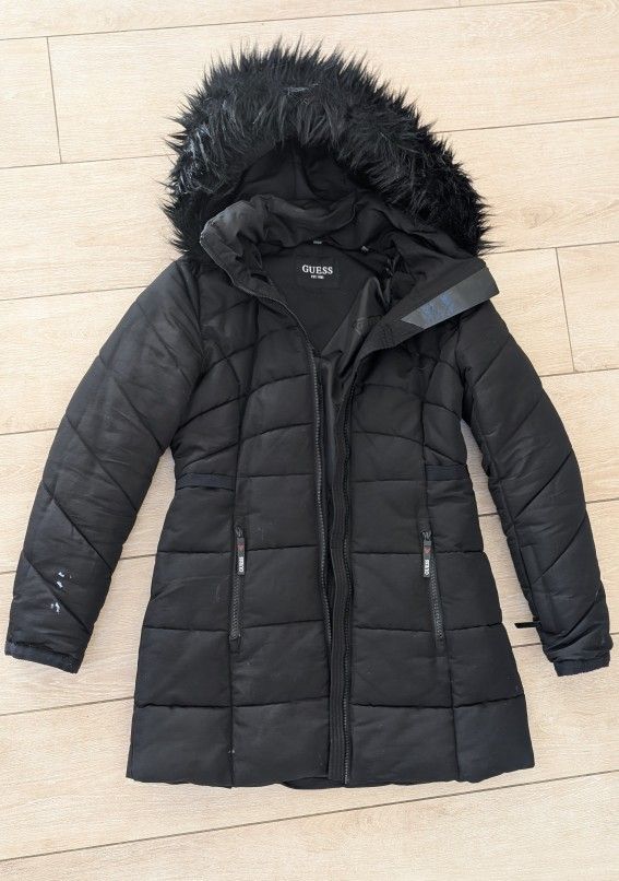 Women's GUESS Black Long Puffer Coat Jacket Size S