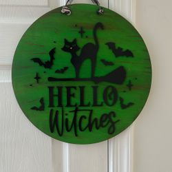 Halloween Black Cat Bat Hello Witches Door Wall Sign Hanging Decor