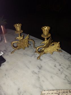 Pair Antique Solid Brass Winged Dragon Griffin/Gryphon Candlestick/Candle Holders