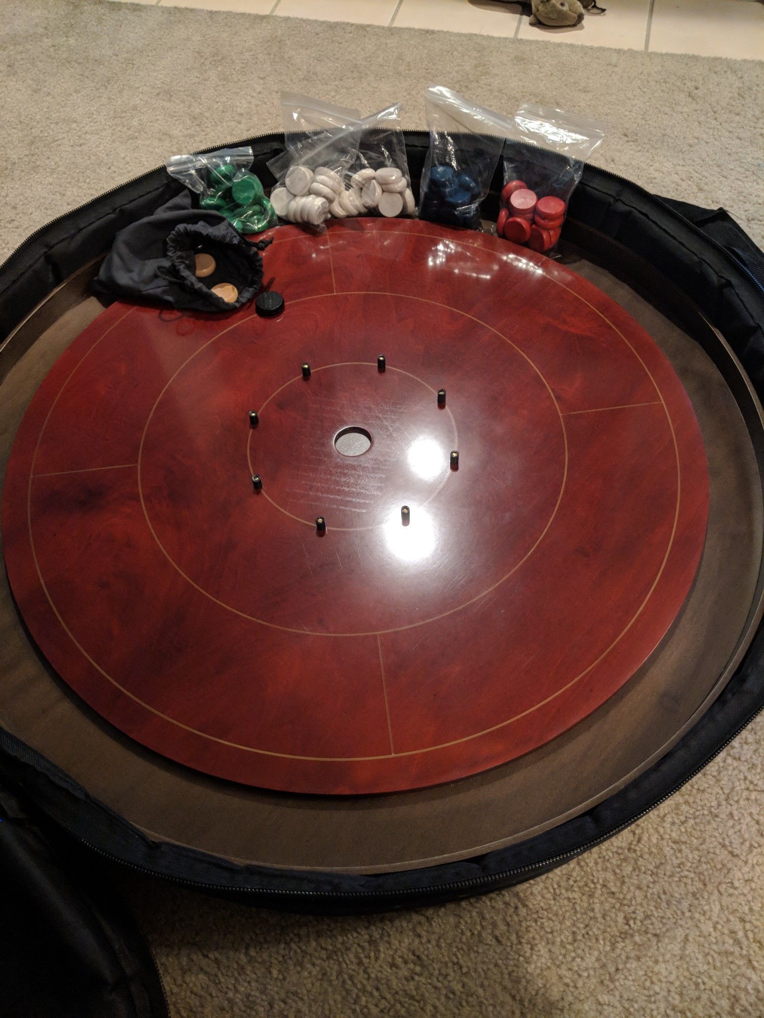 Muzzies Crokinole Board custom stain, extra discs, padded case