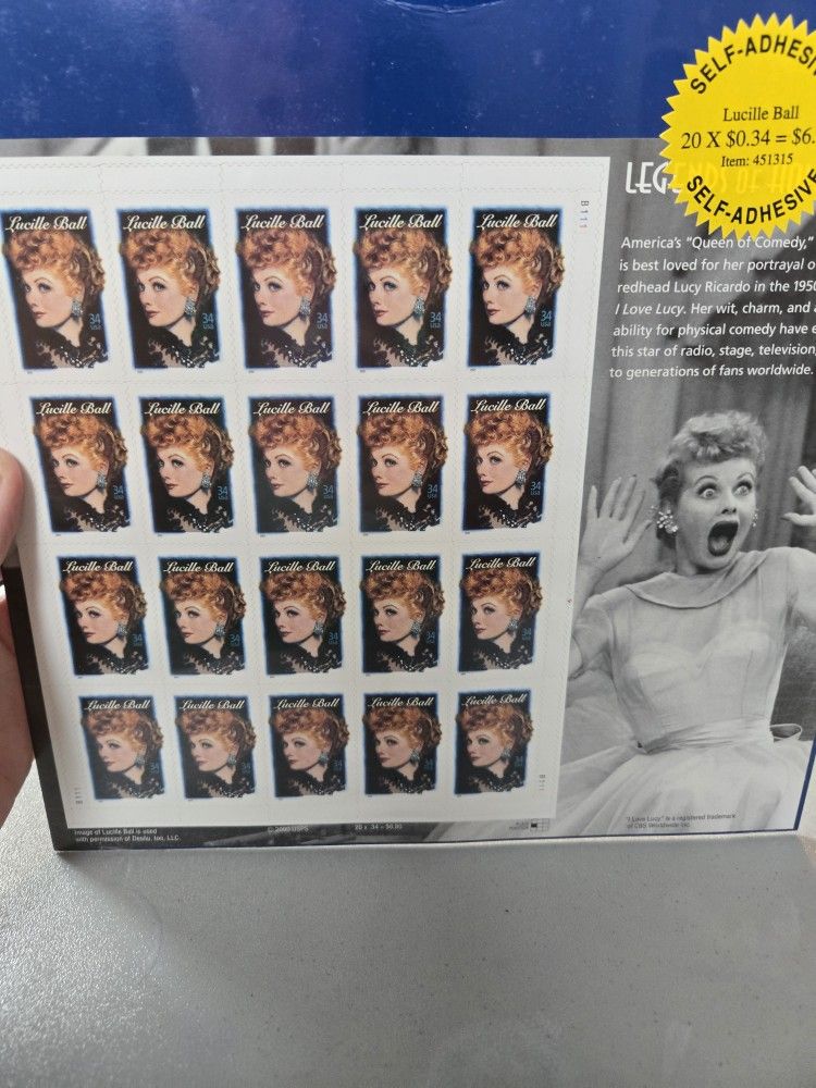 Lucille Ball 1950s Full Sheet Of Stamps New Sealed Legend Of Hollywood