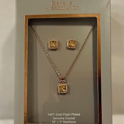 NWT 14KT Gold Plated Genuine Crystal 18" Necklace + Earrings by Brilliance 