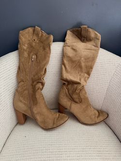 Tan Suede Knee-High Heeled Boots