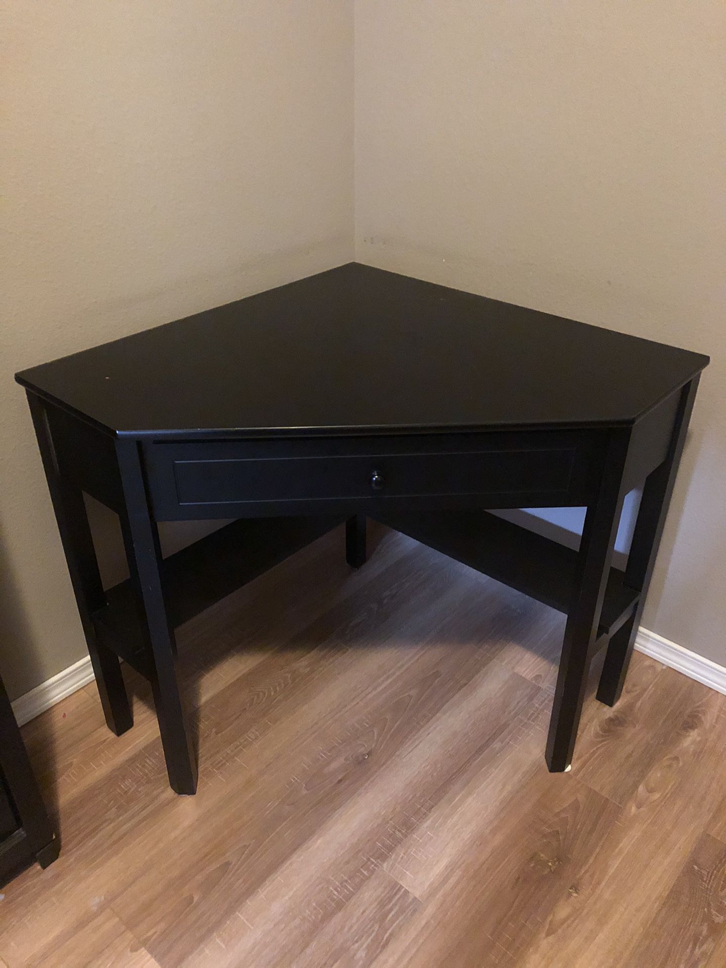 Black Corner Desk unit (29.5” x 29.5” x 30”H) with chair