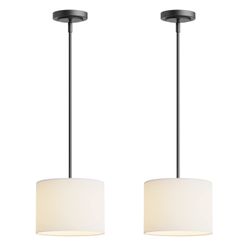 Electro bp;9" Dia White Linen Drum Shade Hanging Pendant Light Fixture with Black Pole Kit,E26,Hardwired,2-Pack;