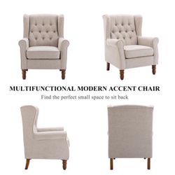 Living Room Accent Chair, Thick Upholstered Button Tufted Wingback Armchair Fabric Mid-Century Modern Sofa Arm Chair, Solid Wood Legs Padding Seat, Be