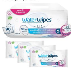 WaterWipes Sensitive+ Body & Intimate Wipes, 3-In-1 Cleans, Cares, Protects, 99.9% Water, Unscented & Hypoallergenic Hygiene Wet Wipes, Adult Care, 90