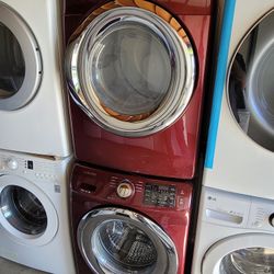 Samsung Front Load Washer And Stackable Gas Dryer Set In Red
