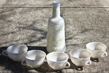 Vintage Hazel Atlas Milk Glass Tea Cups with Bottle, Orange Drizzle, 1950s