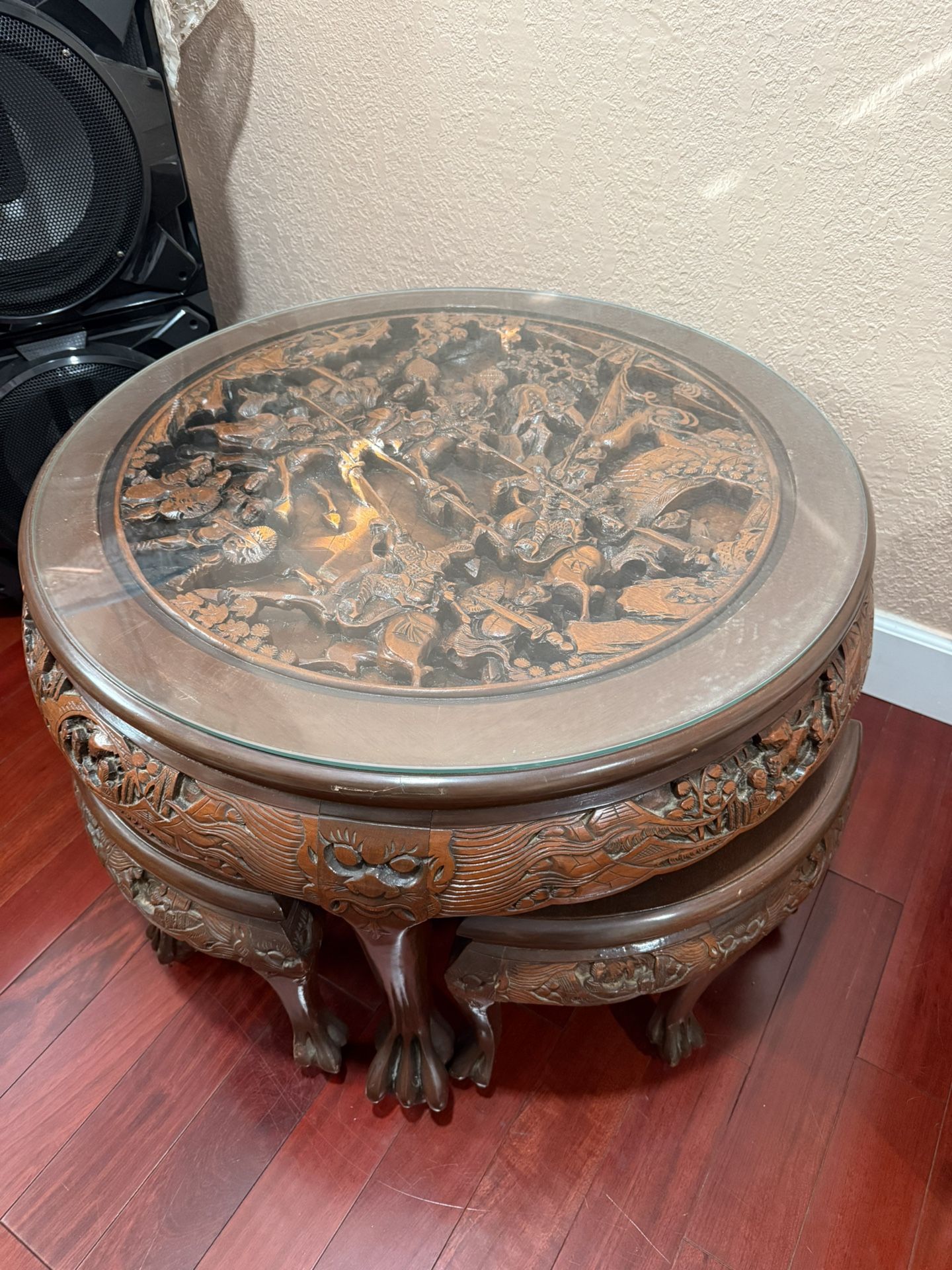 Antique Carved Chinese Nesting Tea Table With Four Stools