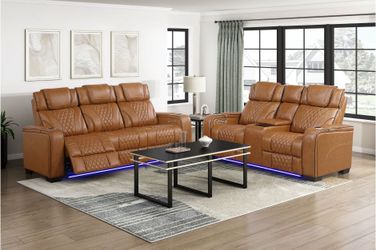 New Brown Real Leather Power Reclining Loveseat + Sofa with Center Drop-Down Cup Holders, Power Headrests, Storage Arms, Reading Lights