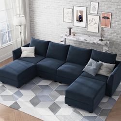 HONBAY Modular Sectional Sofa with Storage Ottoman U Shaped Couch with Reversible Chaise Velvet Modular Sectional Couches for Living Room, Dark Blue