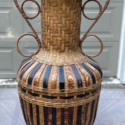 Vintage Wicker Handled Basket Vase, Unique Boho Centerpiece Flower Holder Home Decor 19.75” tall