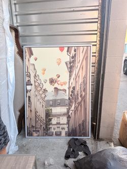 Large Framed Paris Street Hot Air Balloon Wall Art