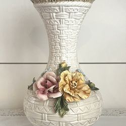 Vintage Capodimonte Floral Vase Pink, Yellow & Blue Flowers Made in Italy