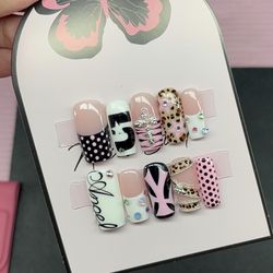 Medium square press on nails animal print polka dots stars rhinestones black gel
