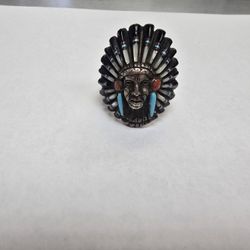 Sterling Silver India Chief Head Ring, Coral, Turquoise, Onix Inlay Size 9 5 