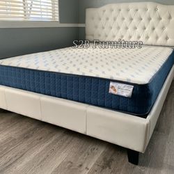 Queen White Crystal Button Bed With Orthopedic Matres !